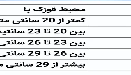 جدول سایزبندی قوزک بند نئوپرن آتل دار
