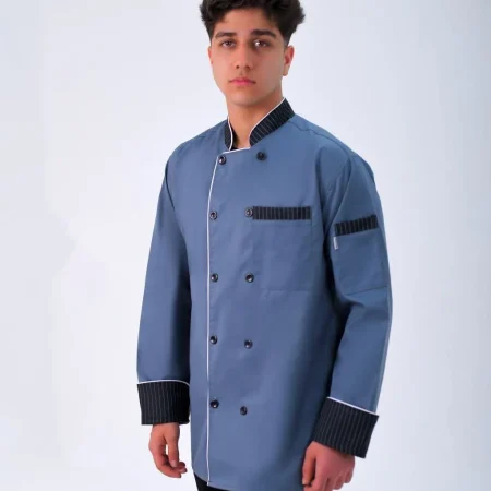 یونیفرم سرآشپز مدل کارن، روپوش آبی نفتی با خرجکار راهراه مشکی